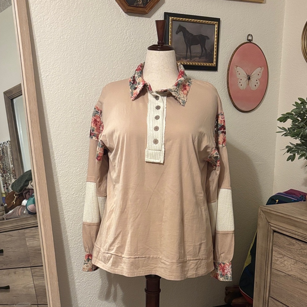 POL Collared Top with Floral Details-Beige-Size Small